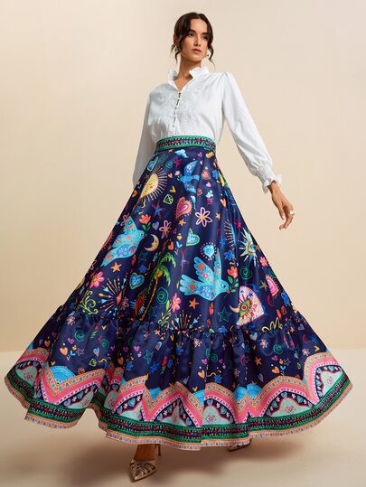 LOTSLUV Floral Print Ruffle Hem Skirt
