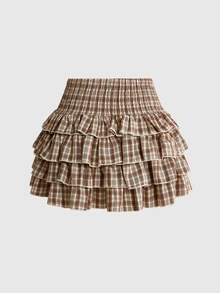 ROMWE Kawaii Plaid Print Shirred Waist Layered Ruffle Trim Skirt - Khaki - View 2