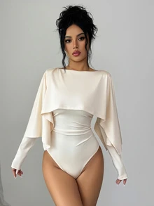 Elenzga 1pc Solid Ruched Waist Cape Bodysuit - Apricot - View 4