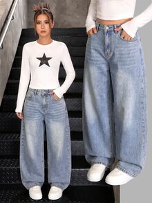 SHEIN 1 pieza de jeans de pierna ancha lavados para adolescentes - Lavado ligero - Ver 1