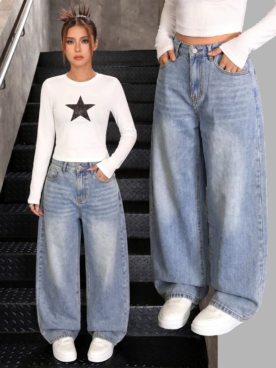 SHEIN 1 pieza de jeans de pierna ancha lavados para adolescentes - Lavado ligero - Ver 1