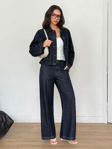 SHEIN Dual Pocket Drop Shoulder Denim Jacket - Navy Blue - View 4