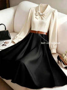 GlowEve CURVE Plus Two Tone Bow Front Shirt Dress Without Belt Fall - Multicolor - View 4