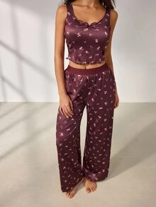 Lowkey Lull Heart Print Lettuce Trim PJ Set Sleep Home Dark Purple Summer Cute Kawaii - Brown - View 2