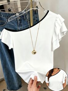 EMERY ROSE Plus Size Asymmetrical Neck Ruffle Trim Contrast Binding Tee - White - View 3