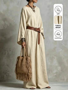 Breezaya Solid Batwing Sleeve Maxi Dress Without Belt - Apricot - View 5