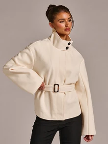 SHEIN BAE Mantel Panjang Berkerah Tegak dengan Sabuk - Aprikot - View 6