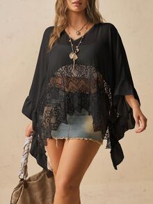 Freevana Plus Contrast Lace Batwing Sleeve Mesh Top Without Bra Fall - Black - View 5