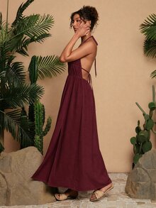 Travachic Tie Backless Split Thigh Halter Dress - Redwood - View 6