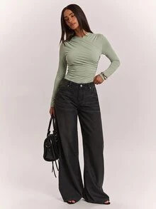 SHEIN BAE 秋冬淺綠色裹身V領抓皺腰身緊身長袖連體衣 感恩節聖誕節新年約會休閒穿搭 - 綠色 - 查看 4