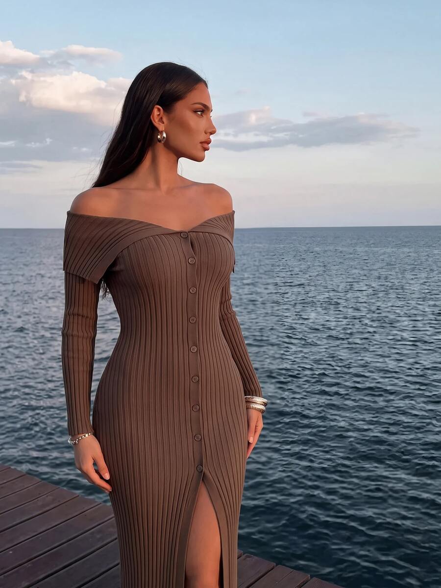 Sirith Busana Musim Gugur untuk Wanita: Gaun Sweater Elegan dengan Bahu Terbuka dan Kancing Depan, Cocok untuk Makan Malam dan Liburan, Warna Cokelat Mocha, Seksi untuk Musim Gugur. - Coffee Brown - View 1