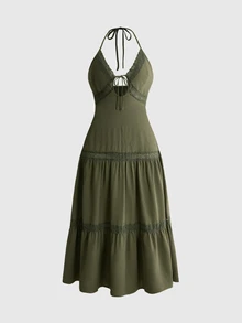 ROMWE Goth Plus Contrast Lace Tie Front Halter Dress - Green - View 1