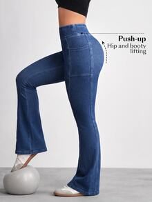 Flexra Plus High Waist Flare Leg Jeans With Phone Pocket - Blue - View 2