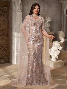 Aureia Plus Contrast Sequin Mesh Formal Dress With Cape - Apricot - View 7