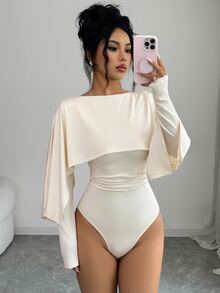 Elenzga 1pc Solid Ruched Waist Cape Bodysuit - Apricot - View 7