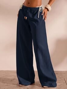 Opulessa Drawstring Waist Cover Up Pants - Navy Blue - View 6