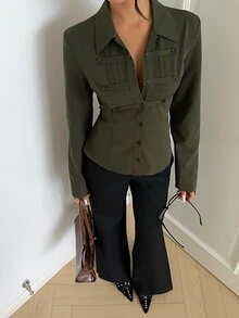 Aloruh Solid Long Sleeve Button Front Slim Fit Shirt - Army Green - View 6