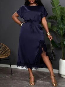 SHEIN Clasi Plus Contrast Lace Split Thigh Dress Cocktail Date Night Evening Party Formal Navy Blue Summer Elegant - Navy Blue - View 4