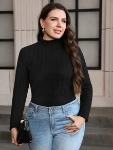Chikora Camiseta térmica de cuello alto lisa para otoño e invierno, talla grande - Negro - Ver 6