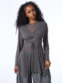 COUREZ Twisted Front Mesh Mini Layering Dress / Y2K Clothes Mini Dresses For Women Cute Tops Grey Top Streatwear Flowy Tops Fall Clothes Winter Outfuts - Dark Grey - View 2