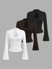 Sweetra 3pcs Cut Out Front Flare Sleeve Tee - Multicolor - View 2