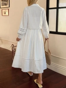 DAZY 女款彼得潘領蕾絲拼接燈籠袖襯衫與摺疊百褶裙套裝居家休閒套裝 - 白色 - 查看 2