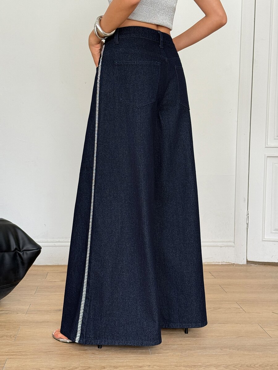 SHEIN Celana Jeans Kaki Lebar dengan Pita Kontras Pinggang Tinggi - Navy Blue - View 1