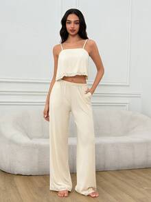 SHEIN Contrast Lace Cami Top & Pants PJ Set - Beige - View 4