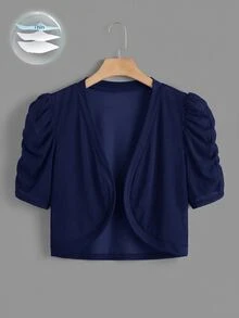 SHEIN Clasi Plus Solid Puff Sleeve Open Front Crop Jacket - Navy Blue - View 1