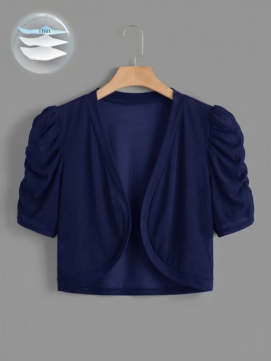 SHEIN Clasi Plus Solid Puff Sleeve Open Front Crop Jacket - Navy Blue - View 1