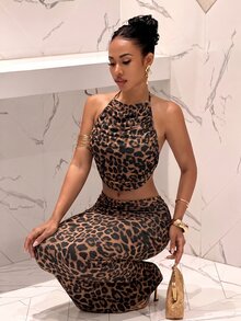 Slaydiva Leopard Print Crop Halter Top & Mermaid Hem Skirt - Multicolor - View 4