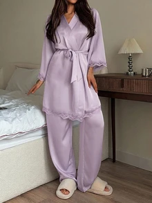DAZY Contrast Lace Belted PJ Set - Mauve Purple - View 4