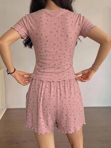 DAZY Ditsy Floral Lettuce Trim PJ Set - Pink - View 2