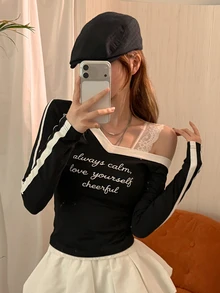 DAZY Slogan Graphic Contrast Lace Asymmetrical Neck Tee Fall - Navy Blue - View 4