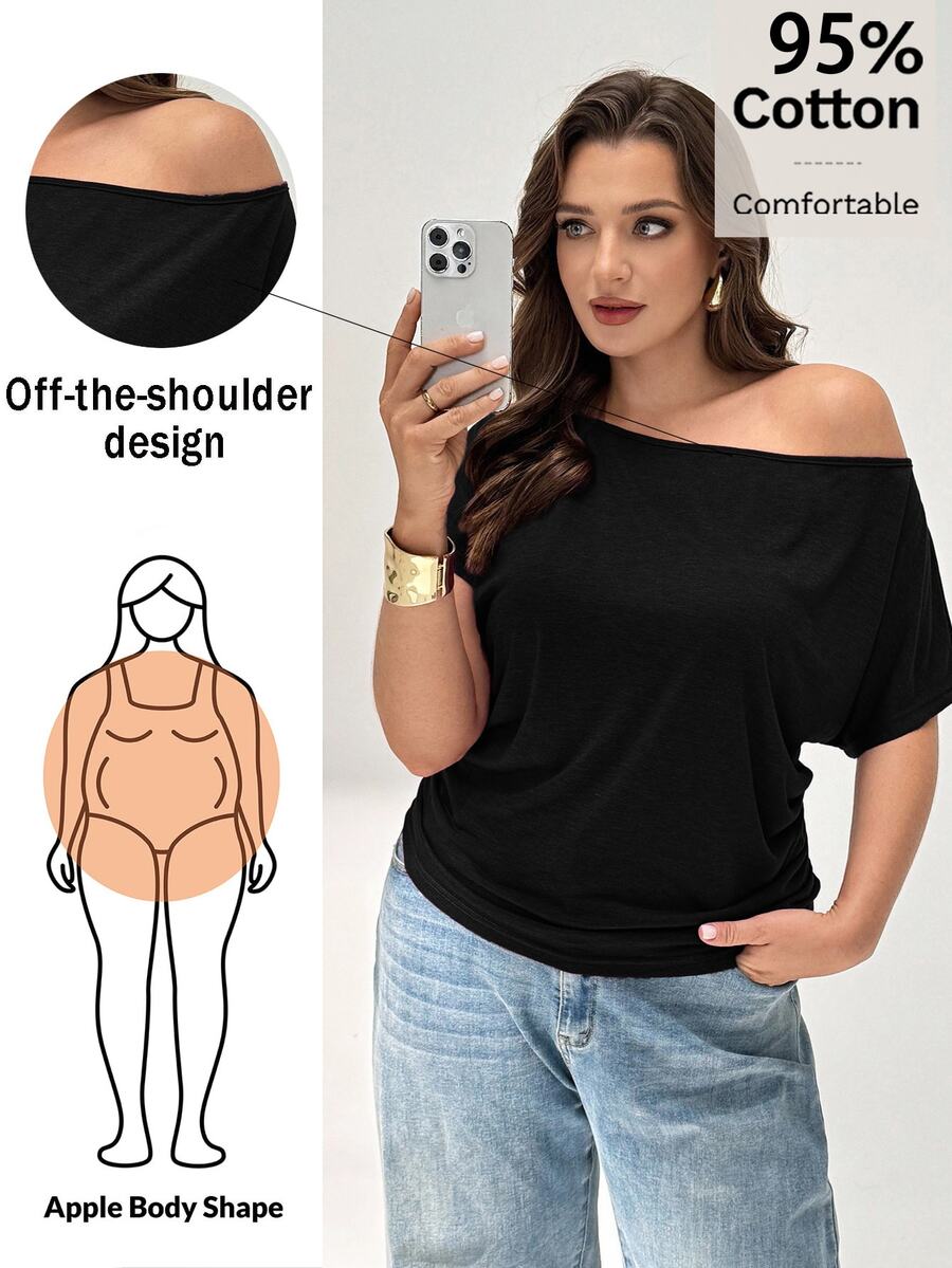 Shapeblank Plus Solid Batwing Sleeve Tee - Black - View 1