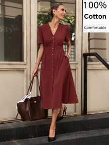 Editum V Neck Button Front Midi Dress - Red - View 2