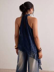 Freevana Plus Asymmetrical Hem Lace Halter Top Going Out Party Navy Blue Summer Elegant Sexy - Navy Blue - View 2