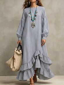 SHEIN Striped Print Ruffle Hem Smock Dress - Blue and White - View 4