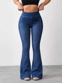 Flexra Plus High Waist Flare Leg Jeans With Phone Pocket - Blue - View 5