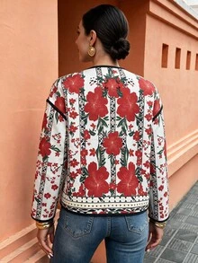 Flora Isola Flora Isola Floral Print Contrast Binding Open Front Coat - Red - View 5
