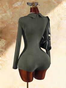 Amplova Solid Rib-Knit Deep V-Collar Unitard Romper - Army Green - View 3