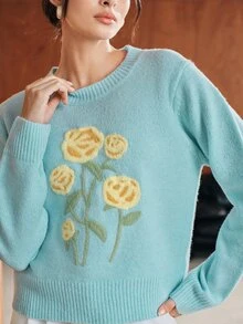 Anewsta Women's Minimalist Baby-Blue Sweater With Yellow Floral Embellishments – Elegant Modern Style Women Sweaters - Blue - View 4