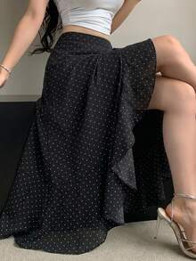 DAZY Polka Dot Ruffle Trim Wrap Knot Side Skirt - Black - View 5