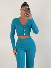 Sirith Ribbed Knit Button Front Cardigan & Knit Pants - Blue - View 4