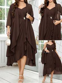 Reflora Vestido de tirantes con detalle de strass & Abrigo de frente abierto - Café integral - Ver 2