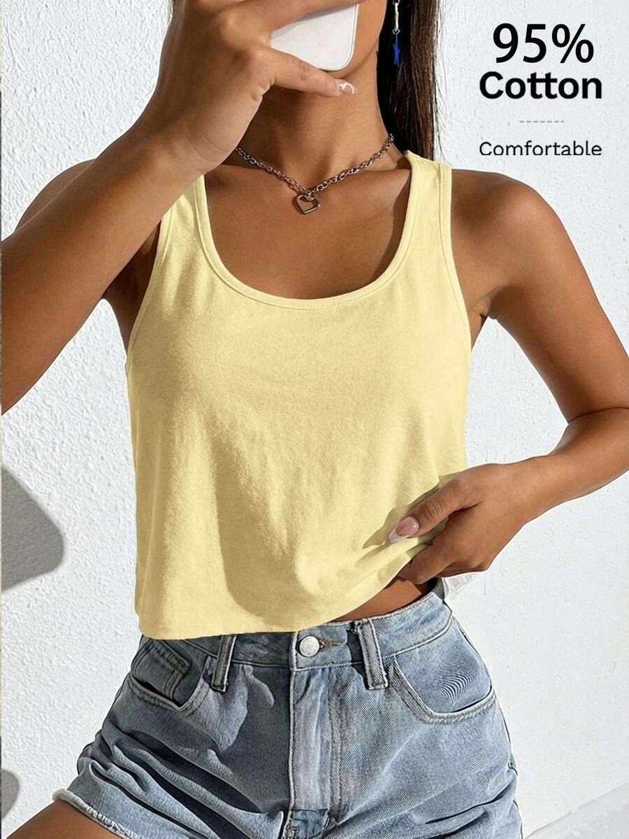 SHEIN EZwear 素色圓領背心上衣 - 淡黃色 - 查看 1