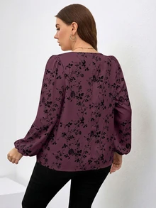 SHEIN Clasi 大尺碼花卉印花挖洞領燈籠袖上衣 - 彩色 - 查看 2