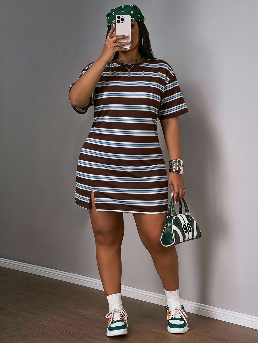 Slaydiva Plus Striped Print Drop Shoulder Split Hem Dress - Multicolor - View 1