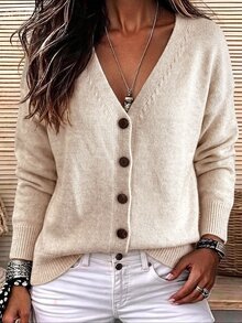 SHEIN Cardigan boutonné à épaules tombantes de couleur unie - Nude - Voir 1