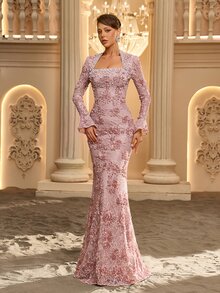 Glamrae Square Neck Flounce Sleeve Sequin Formal Dress - Dusty Pink - View 5